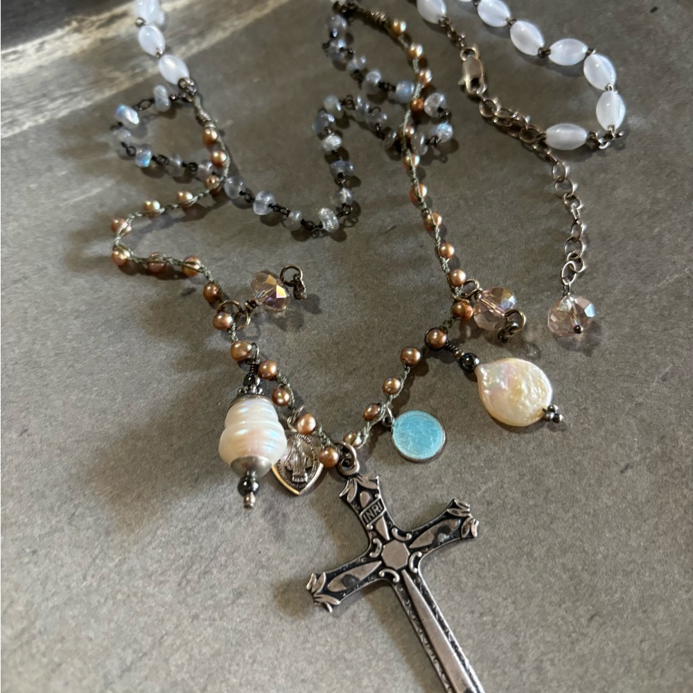 Saints Medals Necklace Sterling Pearls Silver Cross Crucifix Crochet